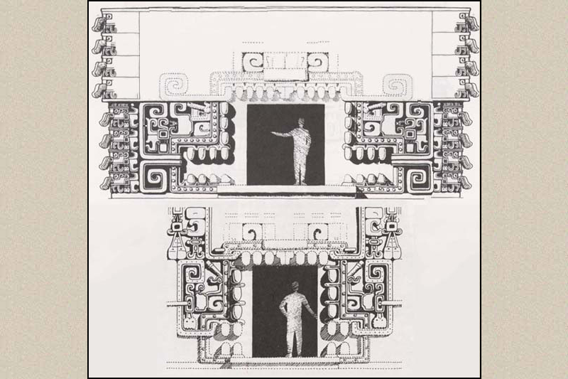 Reconstructive Drawing of how upper and lower monster-mouth doorways of Structure XX might have originally looked, from Paul Gendrop's Rio Ben, Chenes, and Puuc Styles in Maya Architecture