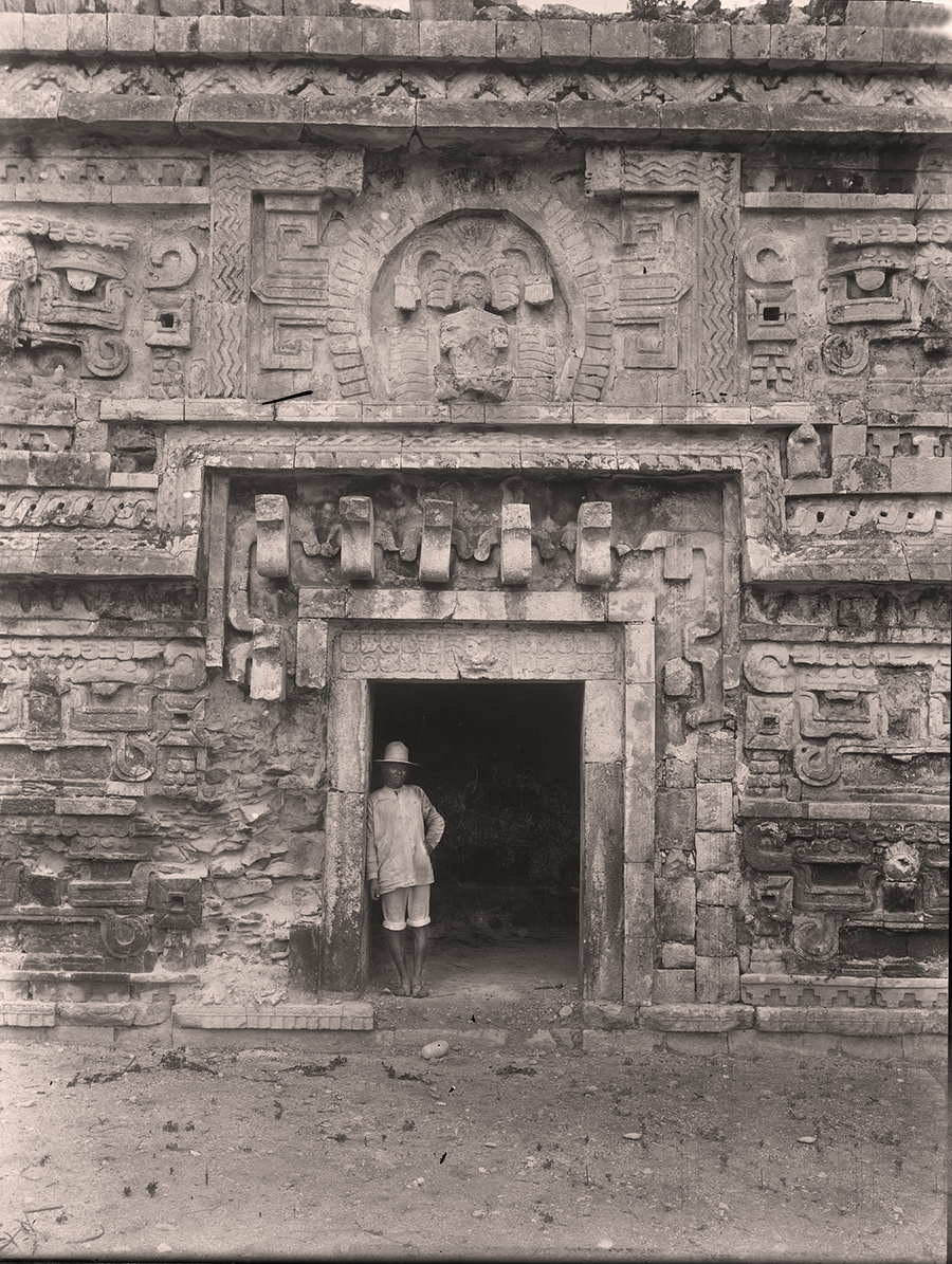 Maudslay's 1889 closeup photo of doorway on the eastern end of the wing of Casa de Monjas or Nunnery at Chichen Itza