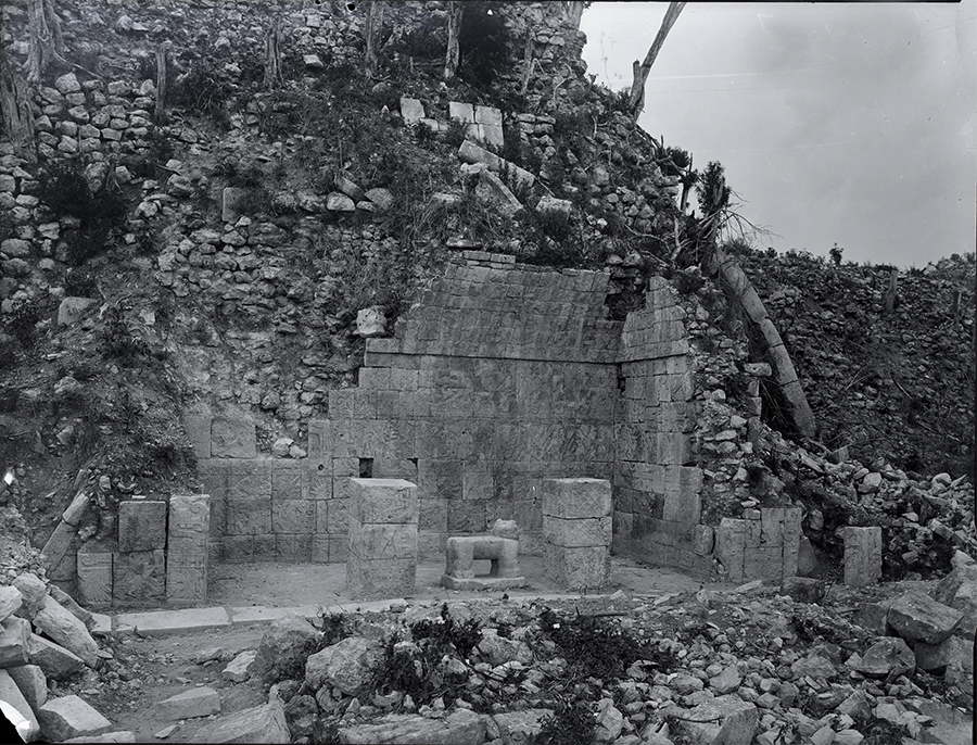 Maudslay's 1889 photo of the ruined Scultpured Chamber (Temple E) at Great Ballcourt, Chichén Itzá