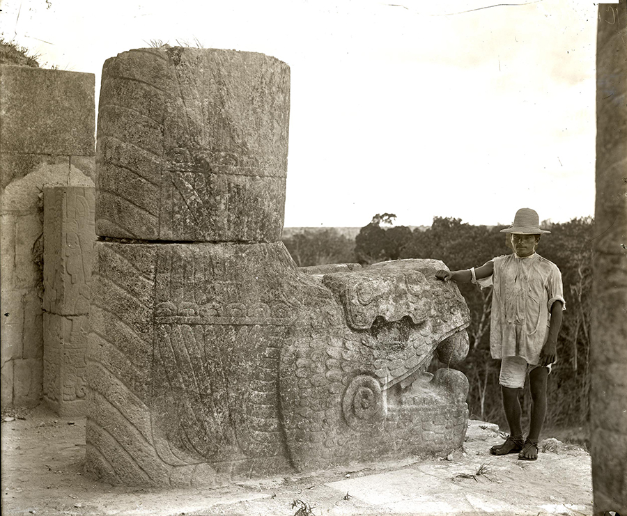 Maudslay's 1889 photo of Feathered Serpent colums at the Temple of the Jaguar