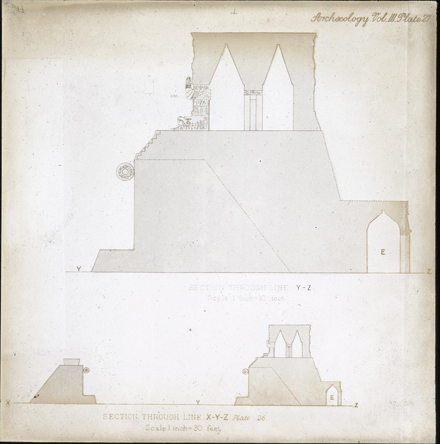 Maudslay's reconstructive drawing: Jaguar Temple and Sculptured Chamber, Chichén Itzá Great Ballcourt
