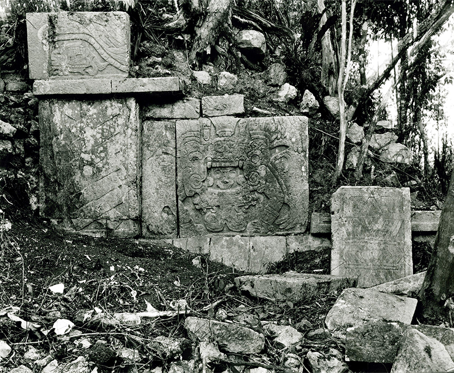 Maudslay's 1889 photo of carved blocks from the Venus Platform that lay scattered around the central mound when he visited