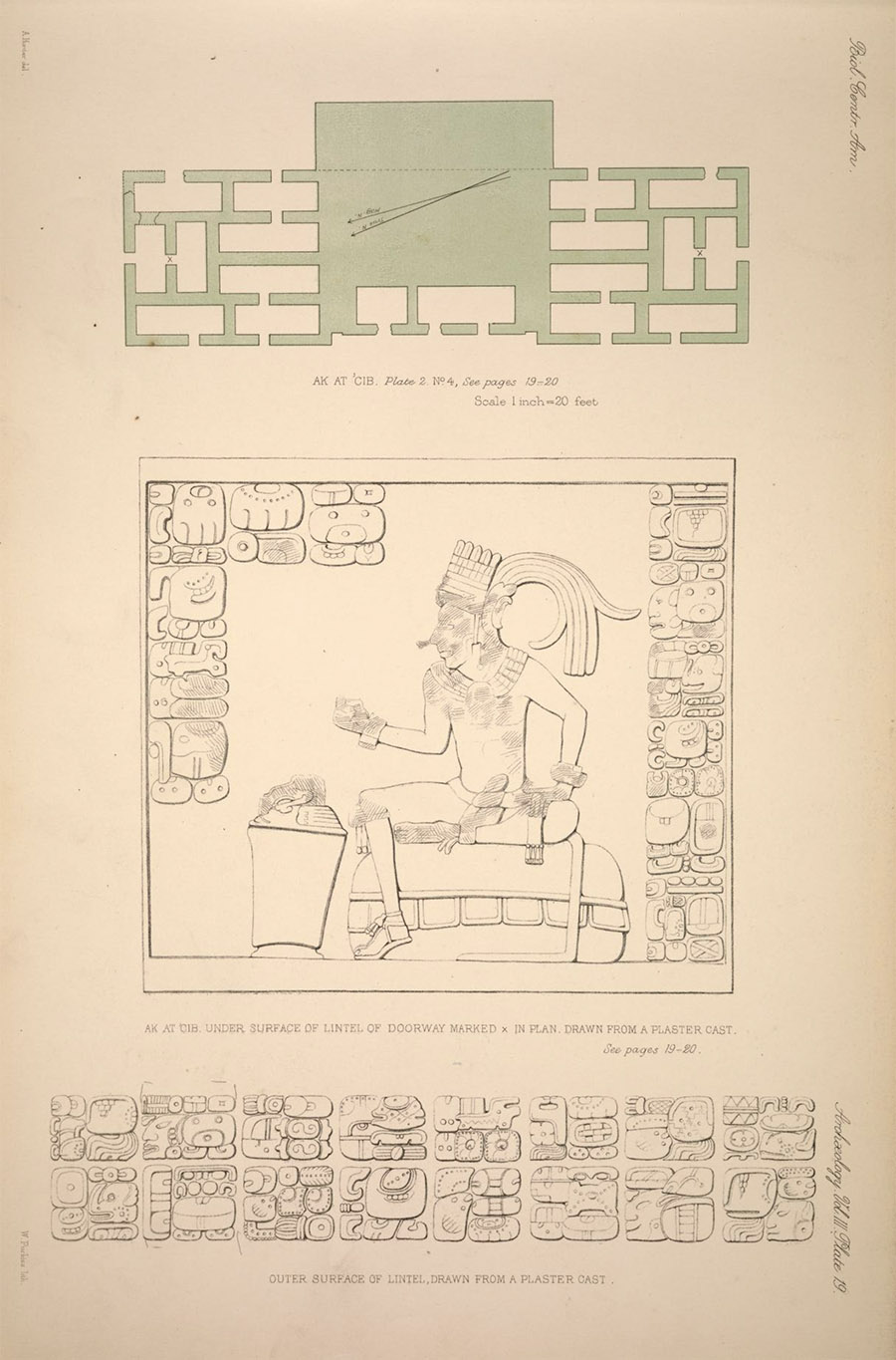 Image from Maudslay's Biologia Centrali-Americana: Archaeology, Volume V showing building diagram and lintel inscriptions from Akab Dzib at Chichén Itzá