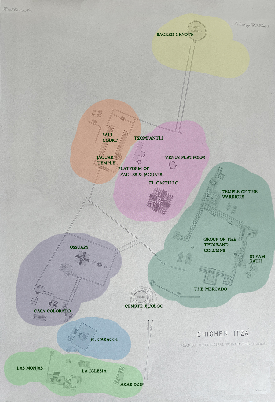 Clickable Chichén Itzá site map with links to quality photos of major building groups. Includes informational text about archaeology and architecture