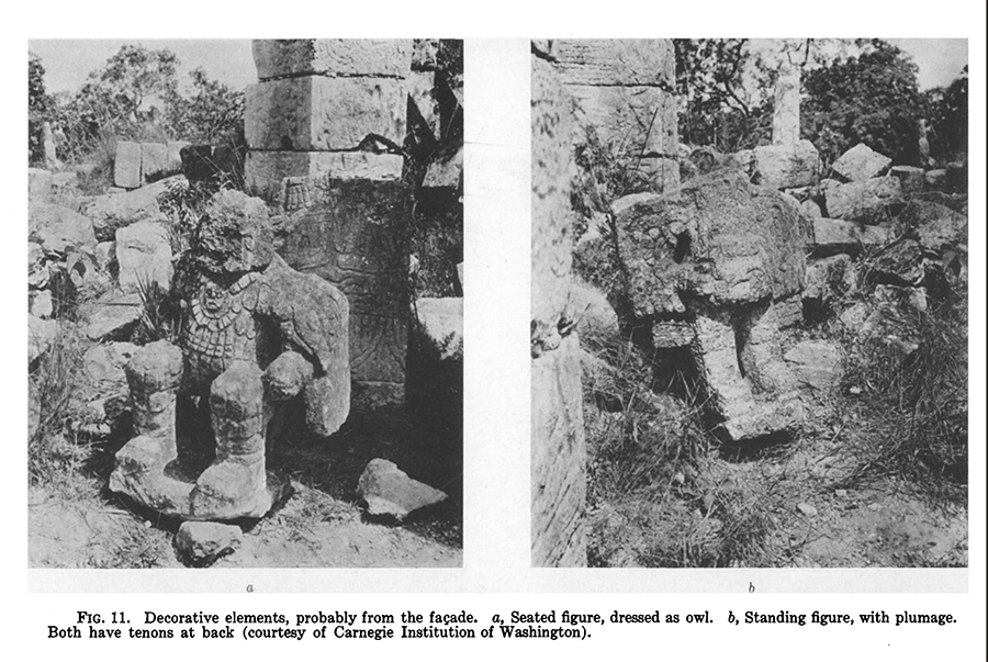 Decorative sculptures probably tenoned to the façade of the Ossuary Temple, early pre-1938 photo from the Carnegie Institution of Washington