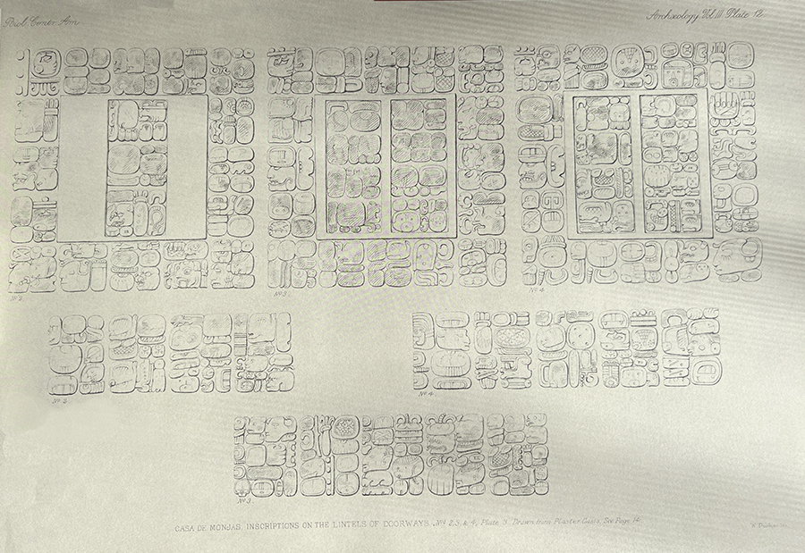 Maudslay's 1889 drawing on glyphs decorating the lintels of doorways on the upper chamber of Casa de Monjas at Chichen Itza