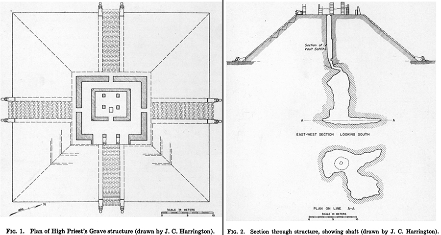 Plan of the High Priest's Pyramid, plus a cross-section of the pyramid over which it was built, from Edward Thompson's The High Priests Grave: Chichen Itza, Field Museum of Natural History, 1938