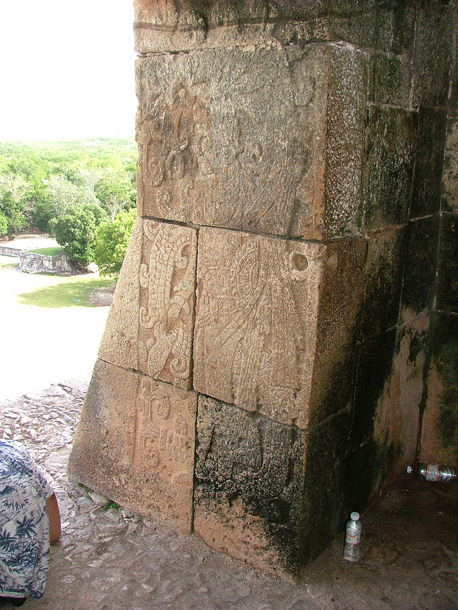 Doorjamb of central doorway of the Temple of Kukulkan at Chichén Itzá looking outward and showing a carved warrior