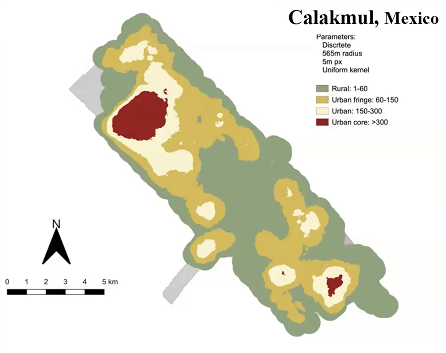 A LiDAR-derived heat map of Calakmul and the surrounding karst basin, indicating high-density residential settlement and intensive land-use patterns &mdash; Arlen & Diane Chase, PreColumbian