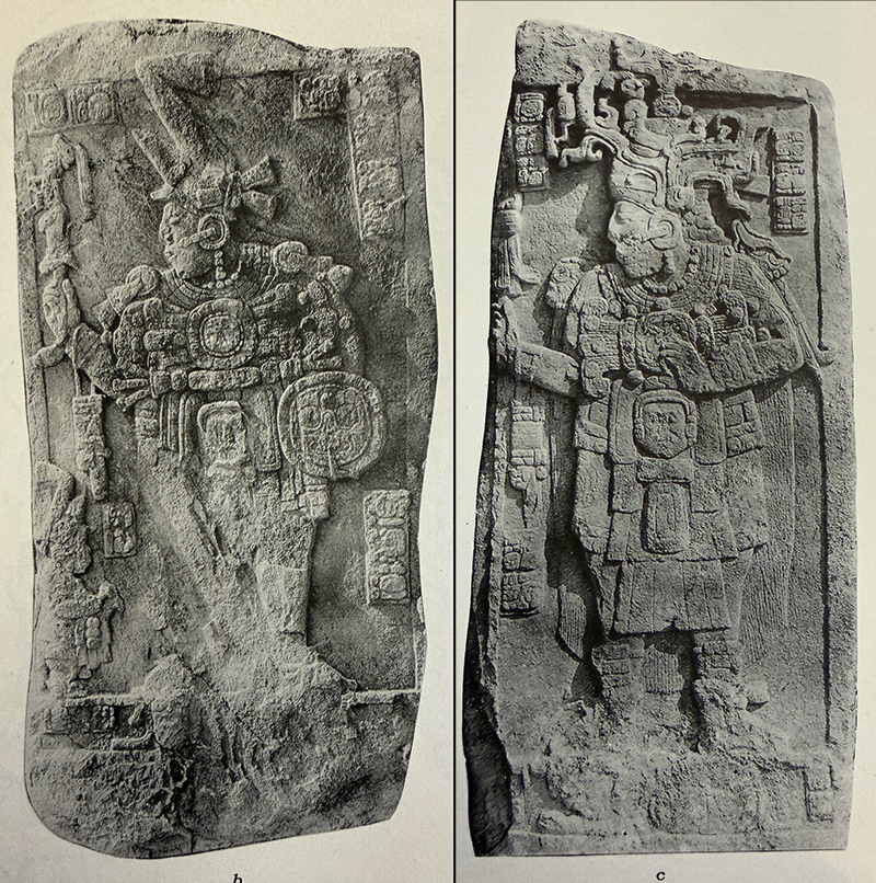Calakmul: Stela 89 (L) and 51 (R) depicting Yuknoom Took&rsquo; K&rsquo;awil, from Ruppert & Dennison