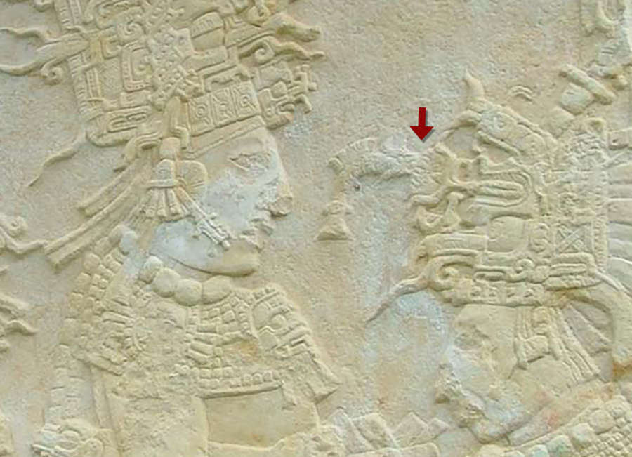 Bonampak Stela 1, circa 792 AD, wildly decorated headdress showing fish nibbling water lily