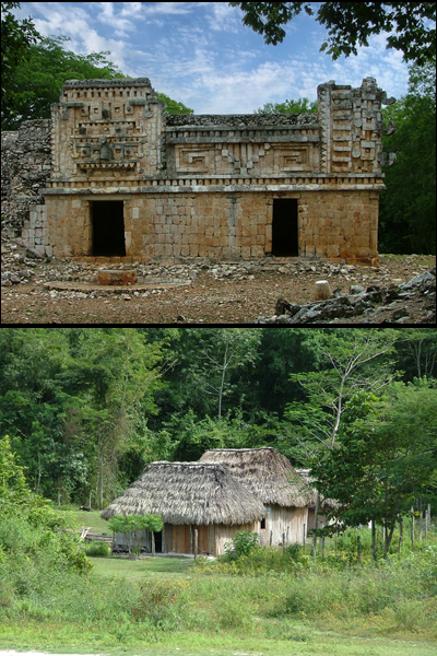 Photo comparing Maya huts in Yucatan with middle class stone houses