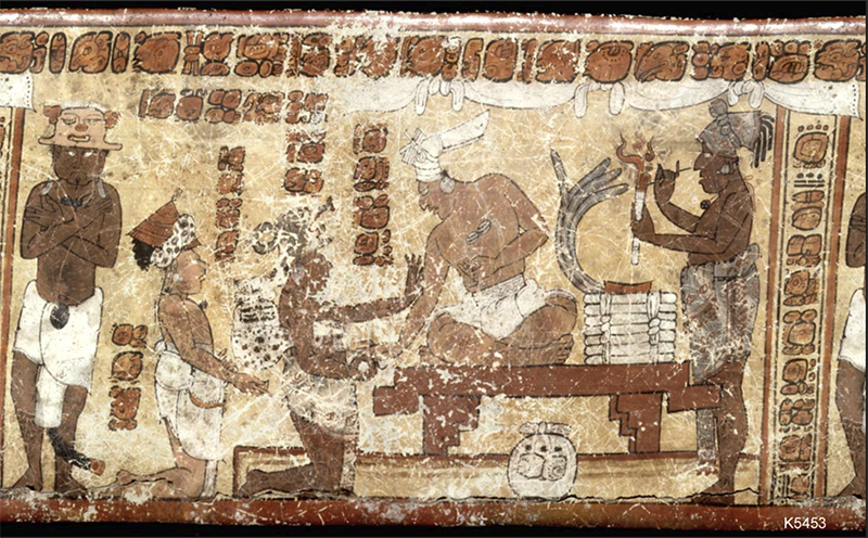 Justin Kerr's rollout K5453:  tribute paid by Yuknoom Yich'aak K'ank's representatives to Tikal nobleman