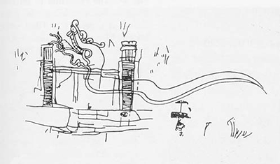 Drawings of ancient graffiti from Structure II representing the celestial serpent entering the temple