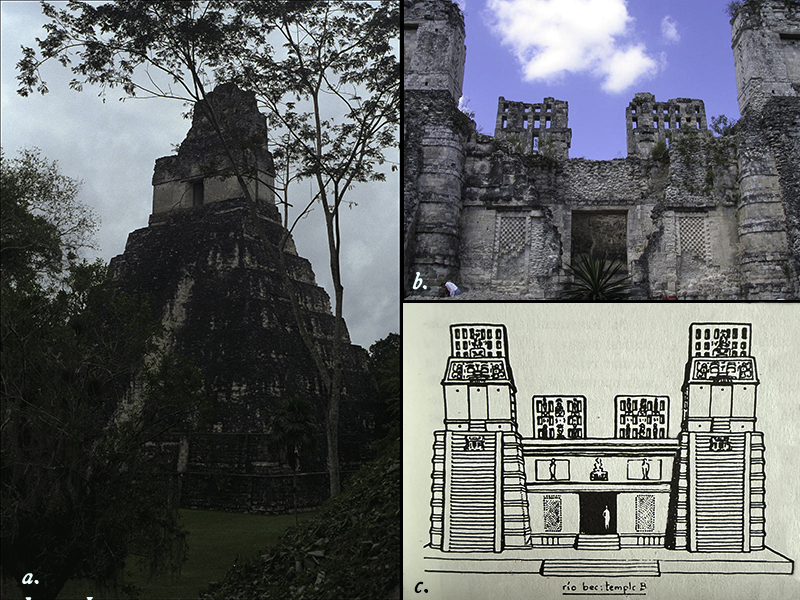 Composite comparing a genuine Petén-style pyramid to a pseudo Río Bec-style pyramid