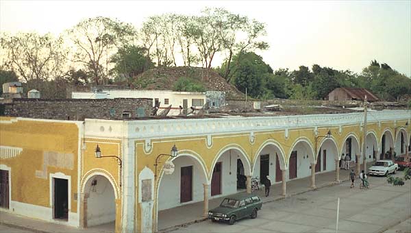 Izamal colonial buildings intermix with remains of ancient pyramids