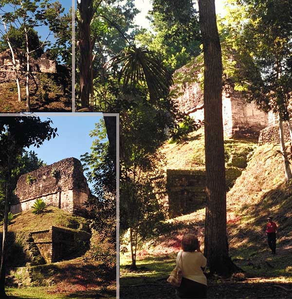 Photo collage of the Seven Temples Plaza, Tikal