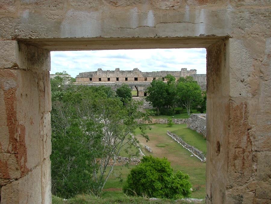 View through the central door of the House of the Turtles, with the Ballcourt and the Nunnery Quadrangle aligned along a northward axis