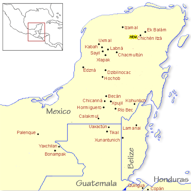 Map of Yucatan peninsula showing location of 28 Maya ruins in Mexico, Guatemala, Honduras and Belize